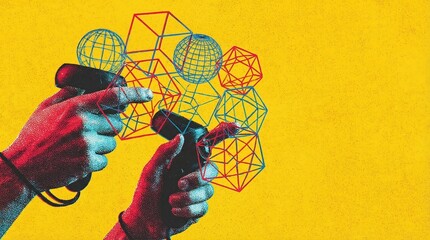 Man hands holding virtual reality game controllers, interacting with geometric shapes. Concept illustration for virtual world, metaverse gaming, and digital interaction.