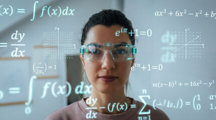 Female Mathematician Analyzing Advanced Equations