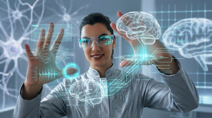 Woman AI Researcher Modeling Digital Brain Interface