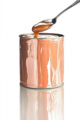 open tin can of condensed milk with spoon 