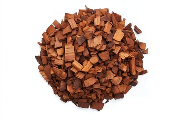 Oak bark chips top view, white  background