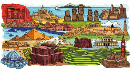 A vibrant cartoon illustration showcasing iconic world landmarks and ancient wonders, perfect for global travel and cultural exploration themes.