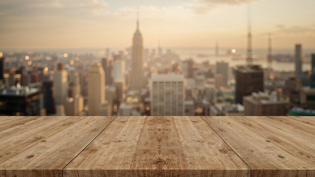 Aerial view of New York City skyline with iconic Empire State Building at sunset, viewed from a rooftop with a wooden surface in the foreground.