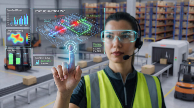 Female Warehouse Operations Analyst Optimizing Autonomous Routes