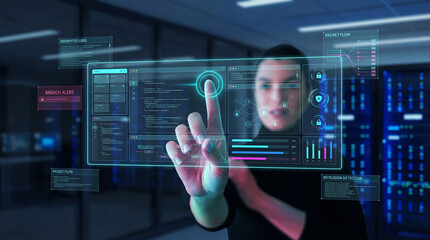 Woman Cybersecurity Analyst Interacting with Digital Security Interface