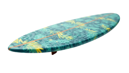Close up view of a vibrant tropical patterned surfboard deck with traction pads on a stark for design concepts