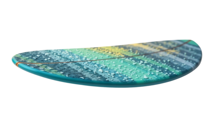 Close up of a vibrant textured surfboard nose featuring abstract ocean colors and grip wax detail on black