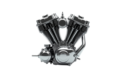 Highly polished chrome v twin motorcycle engine on a stark showcasing powerful mechanical engineering detail