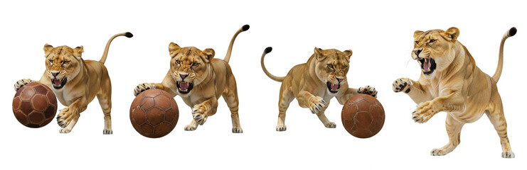 Lioness Panthera leo isolated on white background lion set playing ball animal pouncing predator...