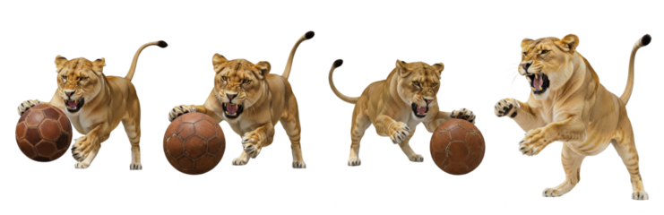 Lioness Panthera leo isolated on white background lion set playing ball animal pouncing predator feline mammal biology photography cutout graphic element high-resolution sharp focus macro wild fauna