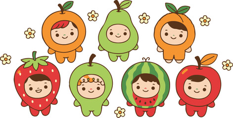 Cute Kids in Fruit Costumes Illustration Set (Kawaii Style)