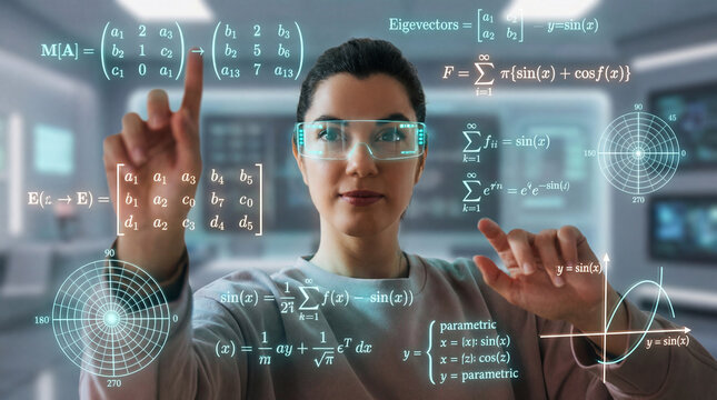 Woman Scientist Applying Human Insight to Digital Mathematics Visualization - Powered by Adobe