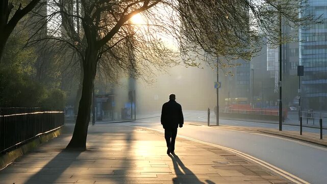 Man walking alone on empty street at dawn, long shadows, soft ambient city sounds.