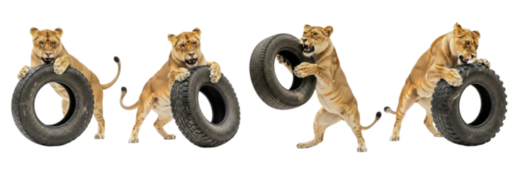Lioness Panthera leo isolated on white background lion set playing tire animal biting enrichment predator feline mammal biology photography cutout graphic element high-resolution sharp focus macro