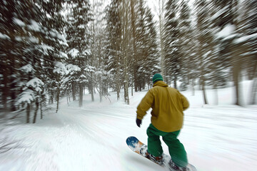 Snowboarder riding through snowy forest.