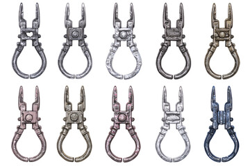 Illustration of collection of various metallic buckles in different colors isolated on transparent background