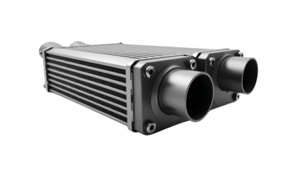 Sleek metallic automotive intercooler component showcasing high performance cooling technology for turbocharged engines