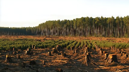 Deforested land with tree stumps.