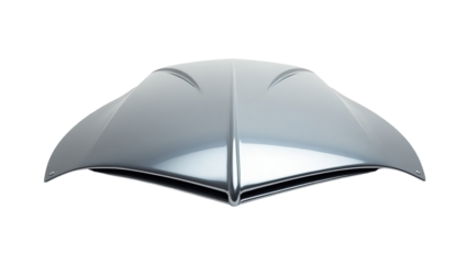 Sleek chrome motorcycle fairing or custom car hood ornament detail against a stark emphasizing automotive design