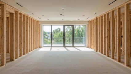 Obraz premium Unfinished room with wooden framing, large glass sliding door at the back opening to a balcony, and views of trees and sky outside.