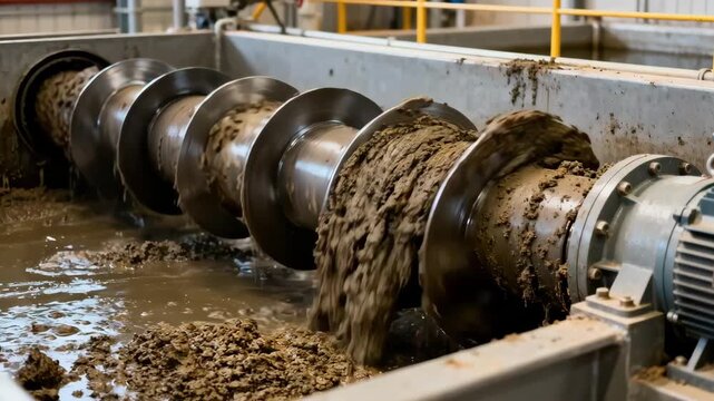 Medium angle showing screw thickener rotating to dewater thick sludge reducing water content efficiently in treatment facility.
