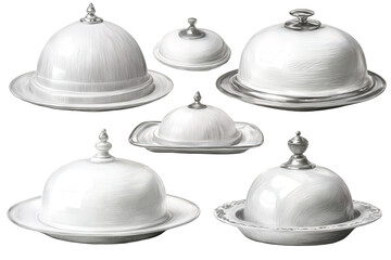 Illustration of five silver serving dishes with lids on white plates arranged on a transparent background