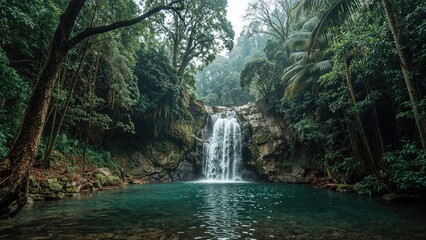 Fototapeta premium A secluded waterfall in a lush rainforest with trees and greenery surrounding the water.