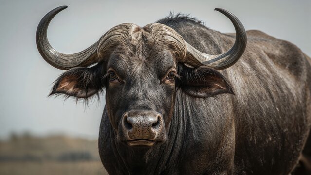 Close-up of a buffalo with large curved horns, looking directly at the camera. Wildlife and nature photography. The focus on animal features and natural environment. - Powered by Adobe