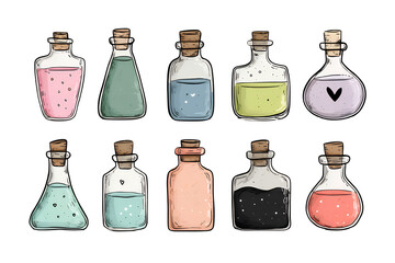 Illustration of colorful liquids in glass bottles with cork stoppers isolated on transparent background