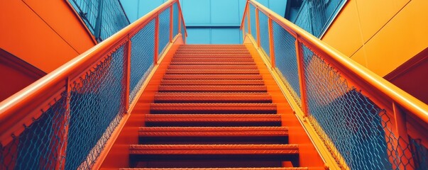 Vibrant orange steel staircase with mesh railing in an industrial setting