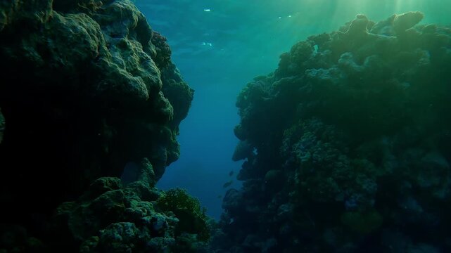 Crack in the reef under bright sunrays at sunset, coral reef in the back light. Approaching a break in the reef wall leading to the blue lagoon in the evening light at sundown