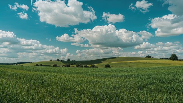 Vast landscape with green fields, rolling hills, and a sky filled with clouds under a clear blue sky.