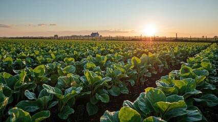 Fototapeta premium A lush green farm field with leafy crops at sunset, showcasing agriculture and nature, with a distant house and a clear sky.