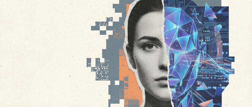 Womans face split between retro halftone print and futuristic digital world as concept of human identity in virtual reality. Banner with copy space