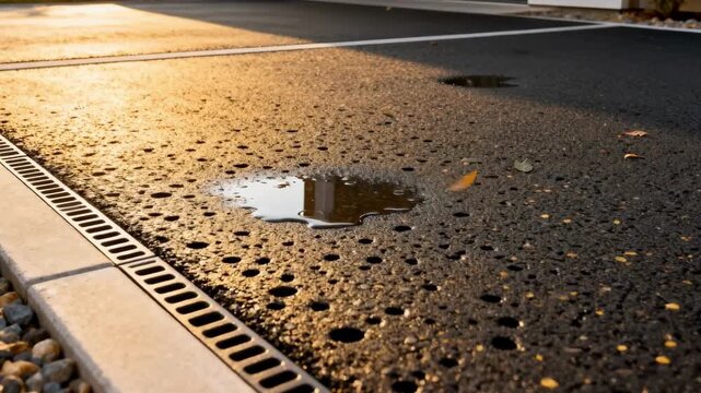 Medium shot showcasing porous asphalt application focusing on water infiltration and smooth surface texture in sustainable driveway setup.