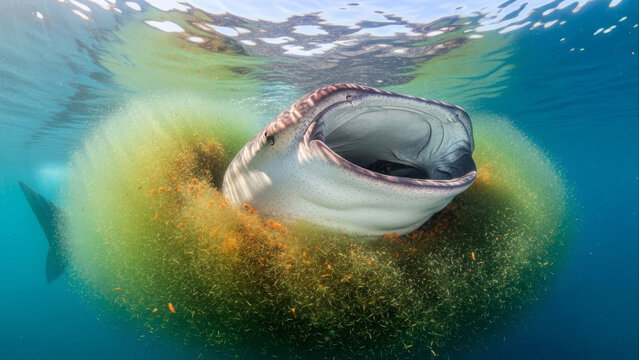 Whale shark feeds on plankton in the ocean, its massive mouth open underwater