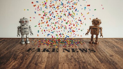 Two robots standing on a wooden surface with colorful confetti falling and the words "FAKE NEWS" written on the floor.