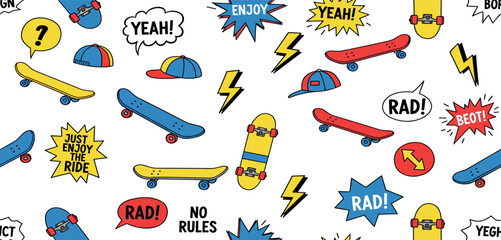 Vibrant hand-drawn seamless pattern showcasing colorful skateboards, stylish baseball caps, and dynamic speech bubbles with energetic words, ideal for youth culture and fun designs