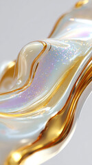 Ultra-realistic 3D rendering of an organic golden liquid shape with smooth surface, oil-like iridescent reflections, and soft color gradients floating in white space.