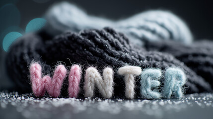 The word Winter is made of woolen knitted letters in different colors, a cute themed inscription, yarn and knitting, a season for warm scarves and sweaters