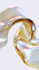 A hyper-detailed 3D render of a smooth, organic liquid form blending translucent gold with soft gradients, featuring high gloss and iridescent oil-like reflections.