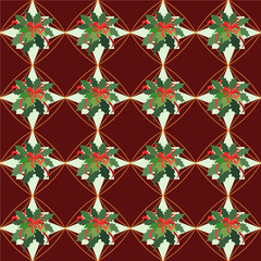 Elegant seamless Christmas pattern with holly leaves, red berries and gold geometric shapes on a dark red background. Perfect for December textiles, wrapping paper, covers and holiday decor.