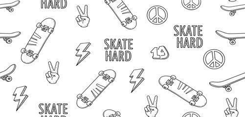Energetic monochrome pattern capturing the rebellious spirit of skateboarding culture with dynamic skateboards, peace symbols, and lightning bolts, ideal for youthful and expressive design concepts