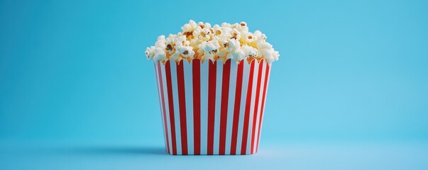 Classic red and white striped popcorn box with delicious popcorn against a vibrant blue background, evoking a sense of fun and enjoyment typically associated with movies and cinema outings.