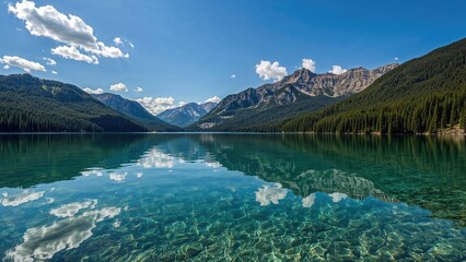 Scenic mountain landscape with lake, forested hills, blue sky, and reflecting water. Nature and tranquility scene.