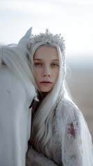 Ethereal Snow Queen with White Horse in Frosty Landscape