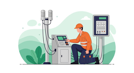Industrial technician inspecting control panel, ensures proper functioning and optimal performance