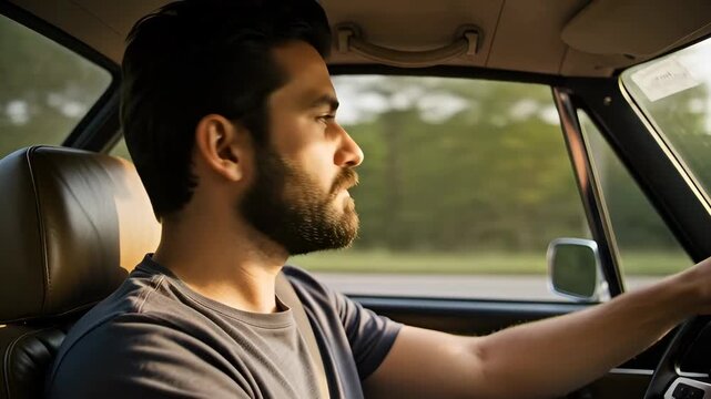 Young bearded adult male driving a classic vintage car on a scenic road trip. Man enjoying a peaceful journey through the countryside during a beautiful golden hour sunset