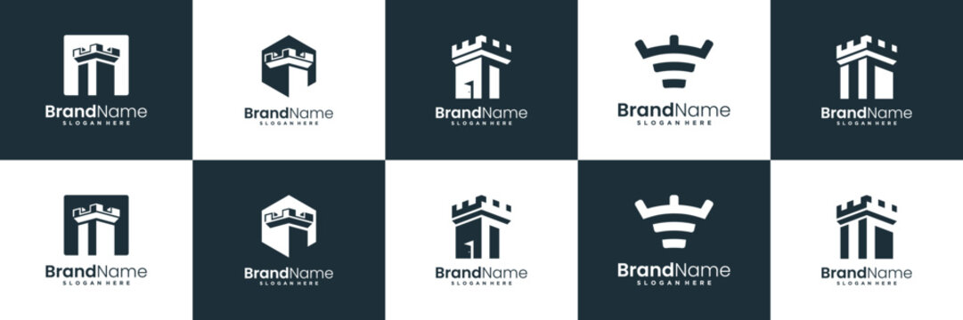 Set of castle logo, palace logo, fortress logo design inspiration
