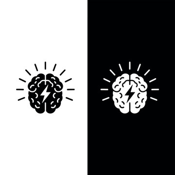 Abstract Brain Icon Designs with Lightning Bolt Symbols on Black and White Backgrounds